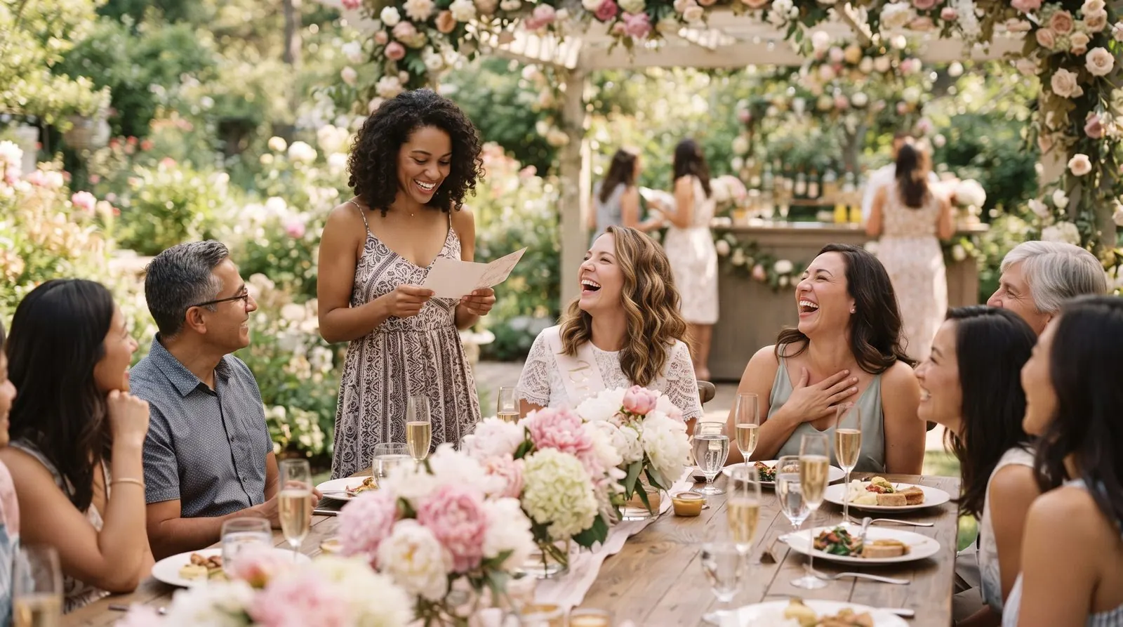 Friends laughing at a garden bridal shower