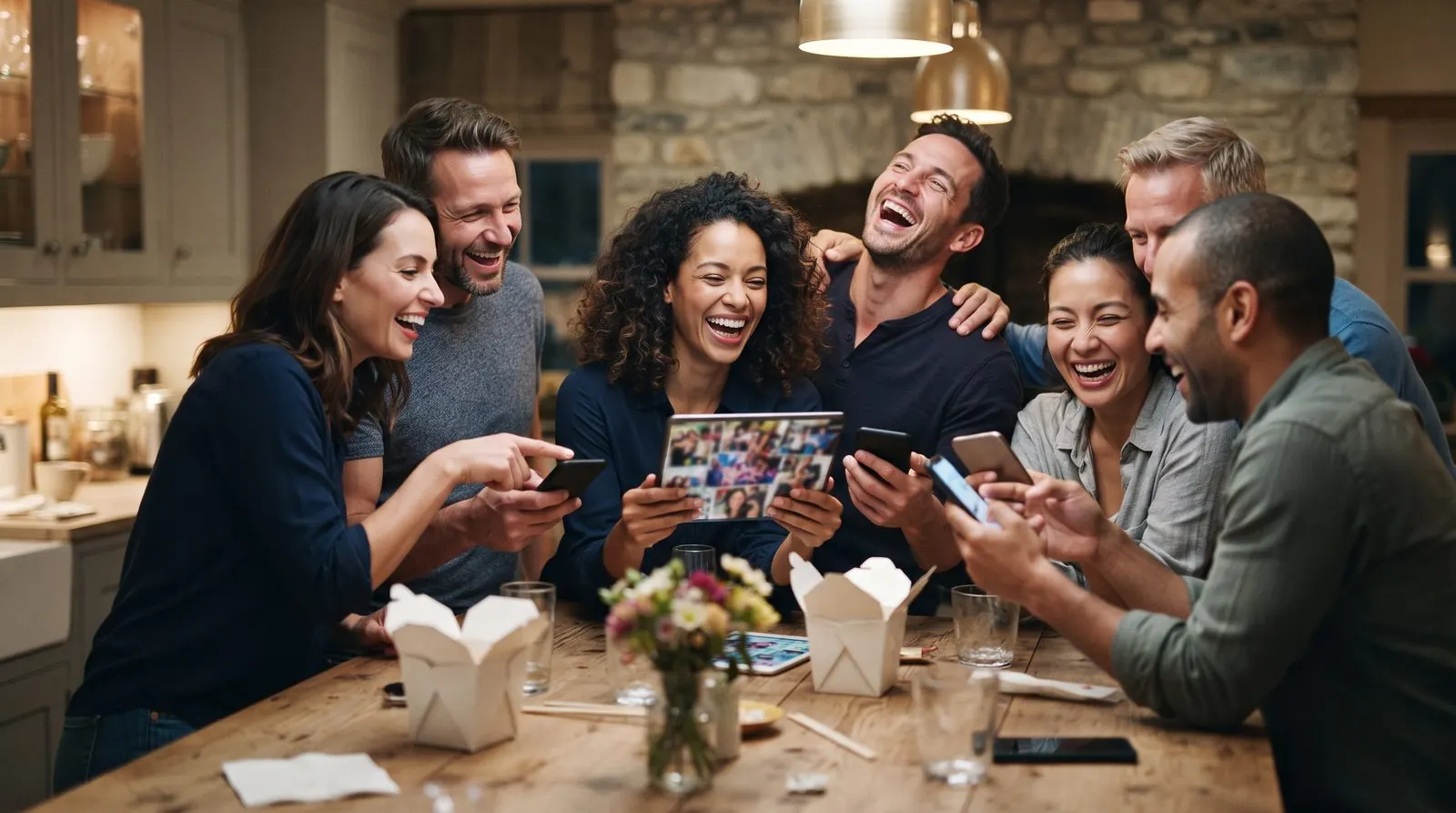 Friends looking back at party photos together