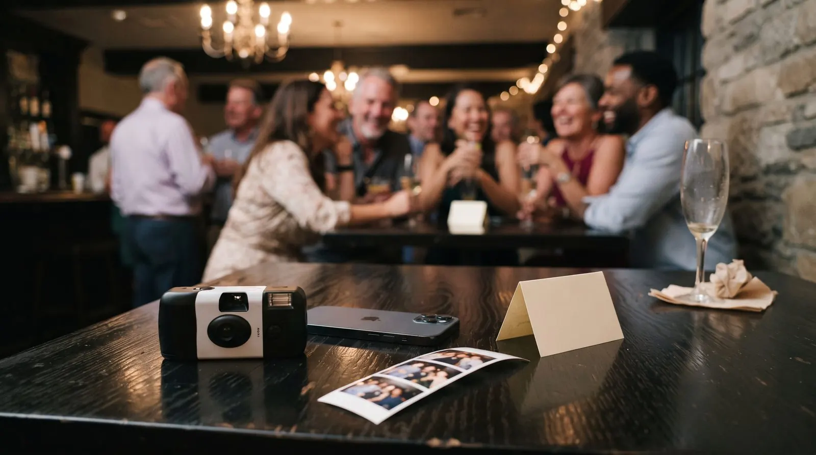 Disposable camera, phone and photo strip on a party table