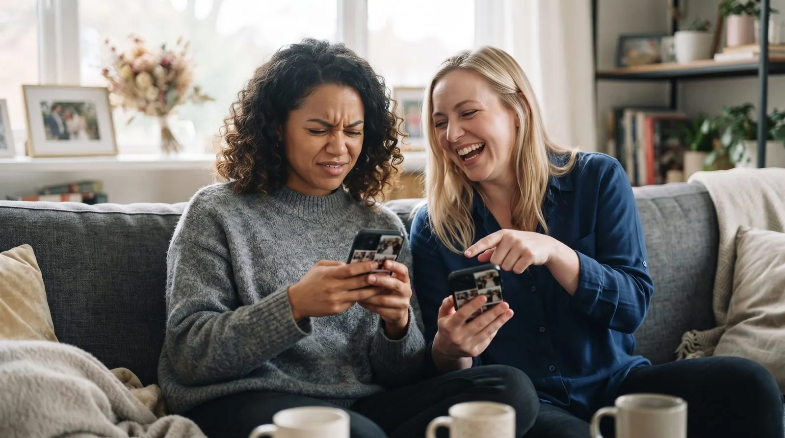 Friends comparing photos on their phones after a wedding