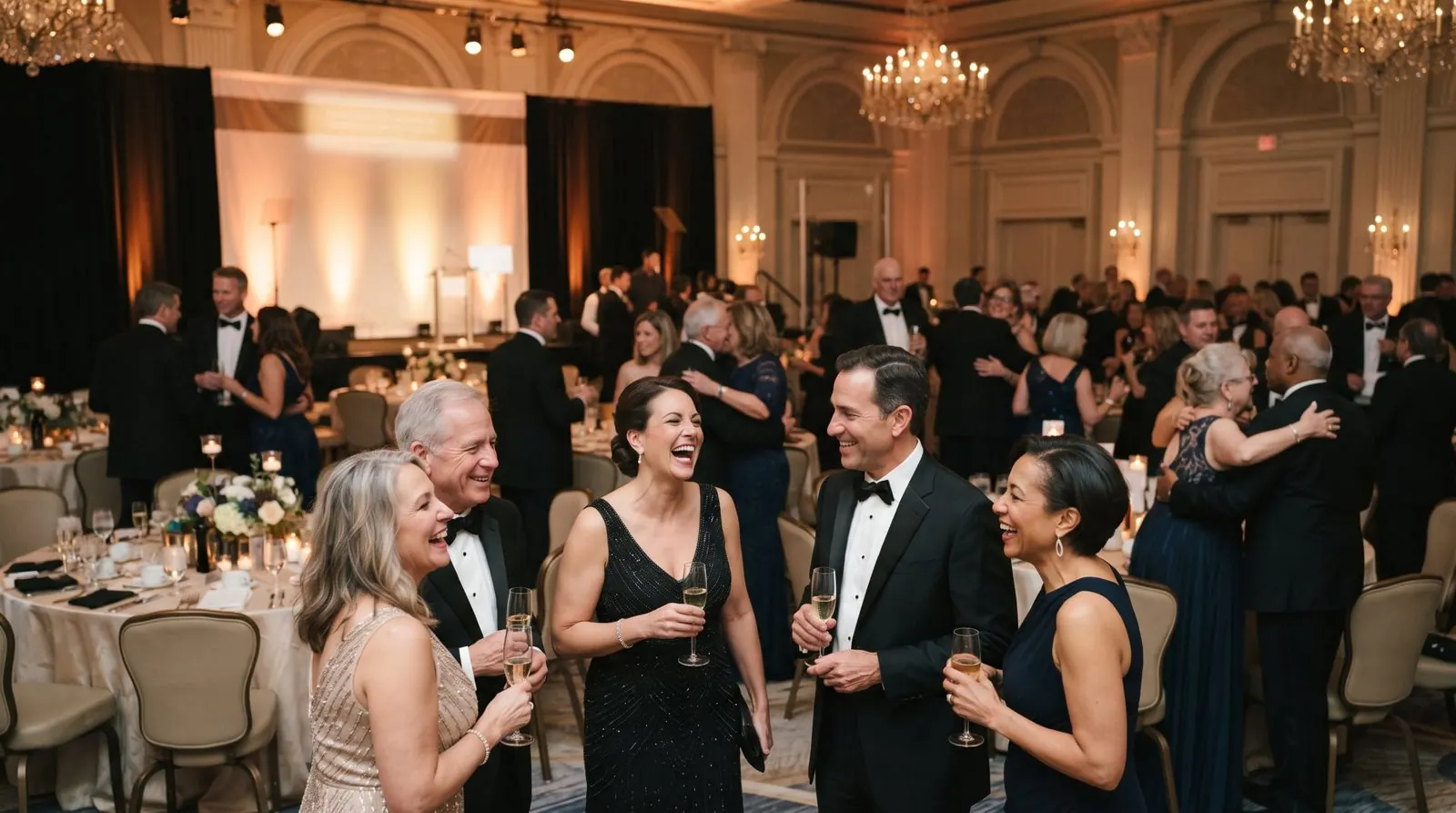 Guests in black tie laughing with champagne at a charity gala