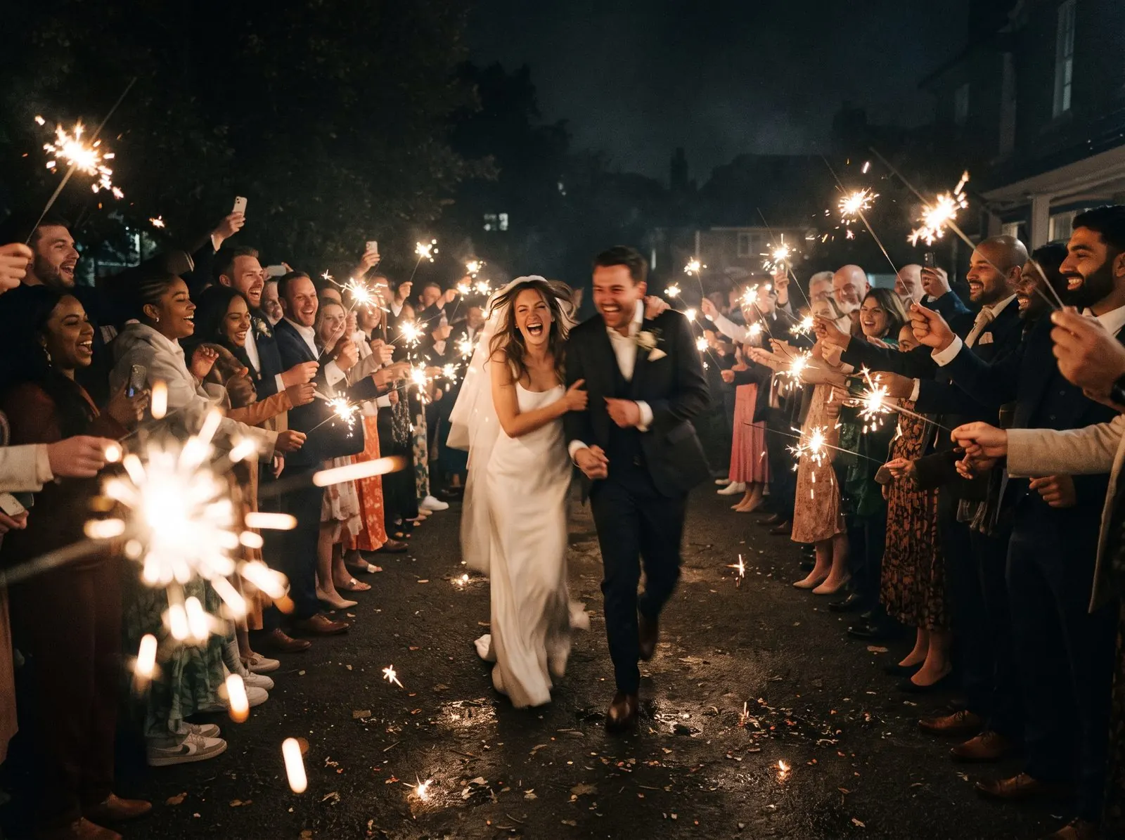 Guests holding sparklers at the end of a celebration
