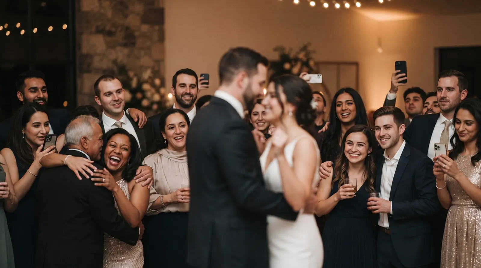 Wedding guests taking photos together at a photo booth