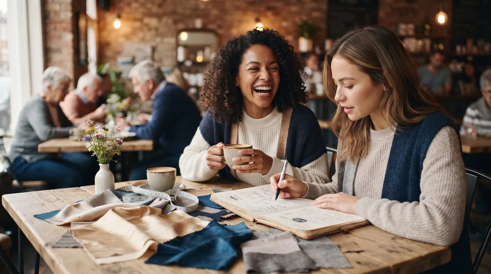 Two friends planning a party together at a café table