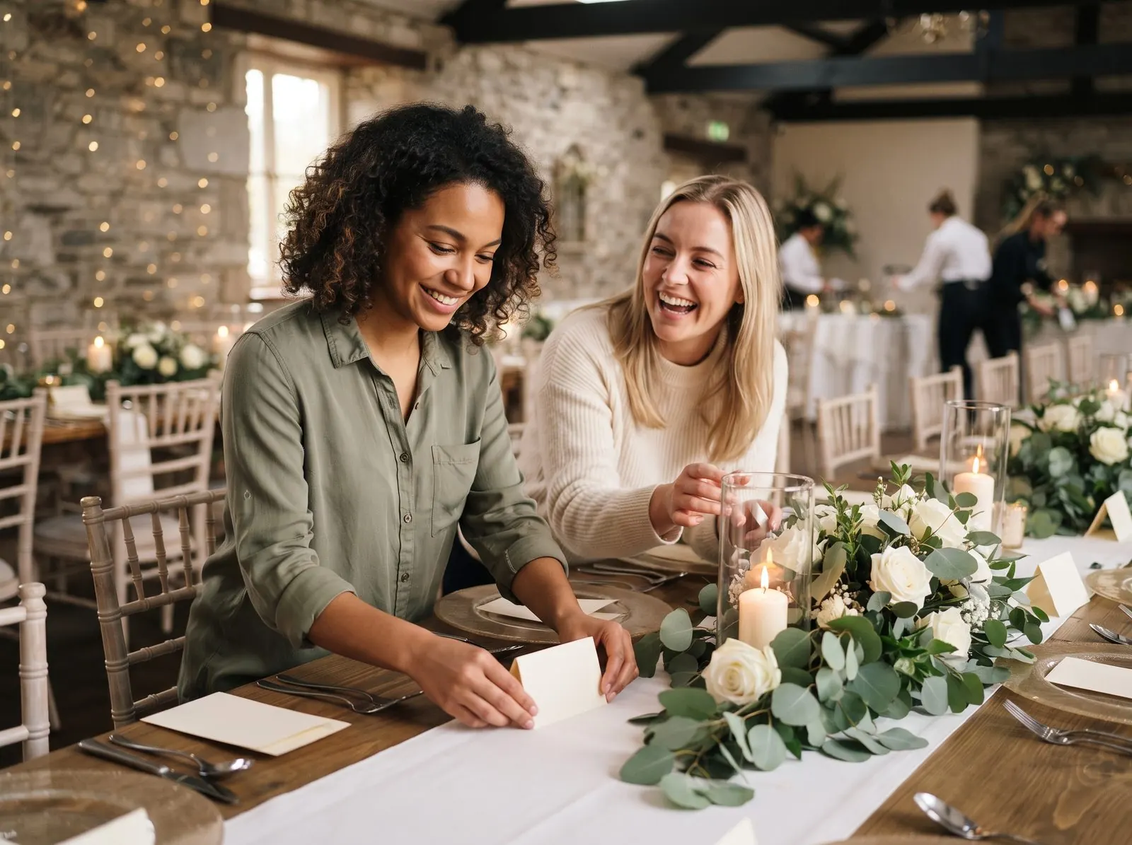 Friends setting up table cards before a reception