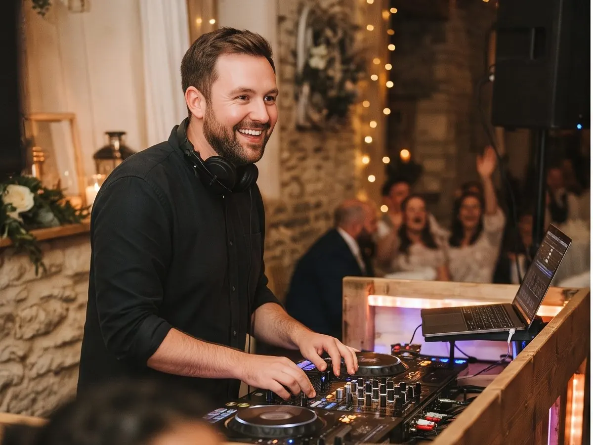 DJ playing to a packed wedding dance floor