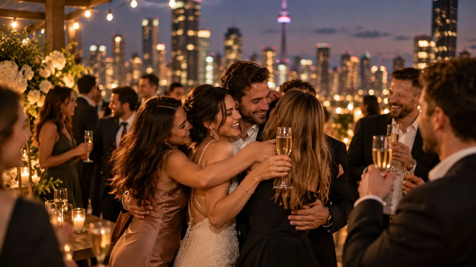 Friends hug the newly engaged couple at a rooftop engagement party above the Toronto skyline