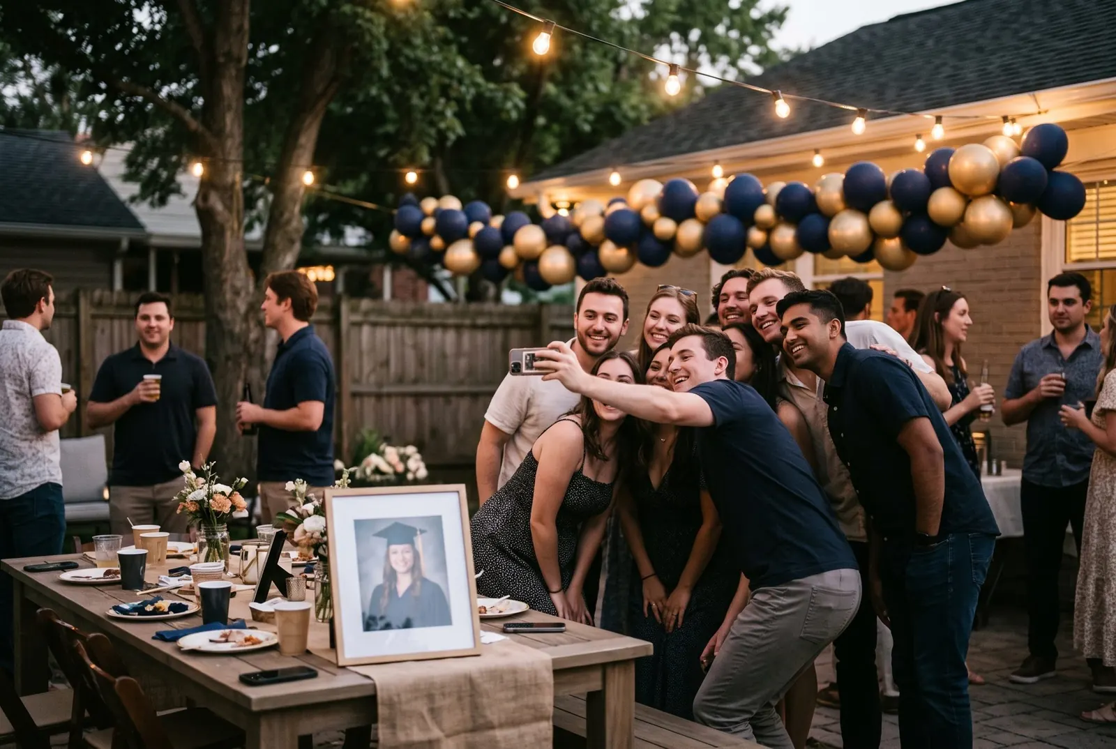 Friends take a group selfie at a backyard graduation party
