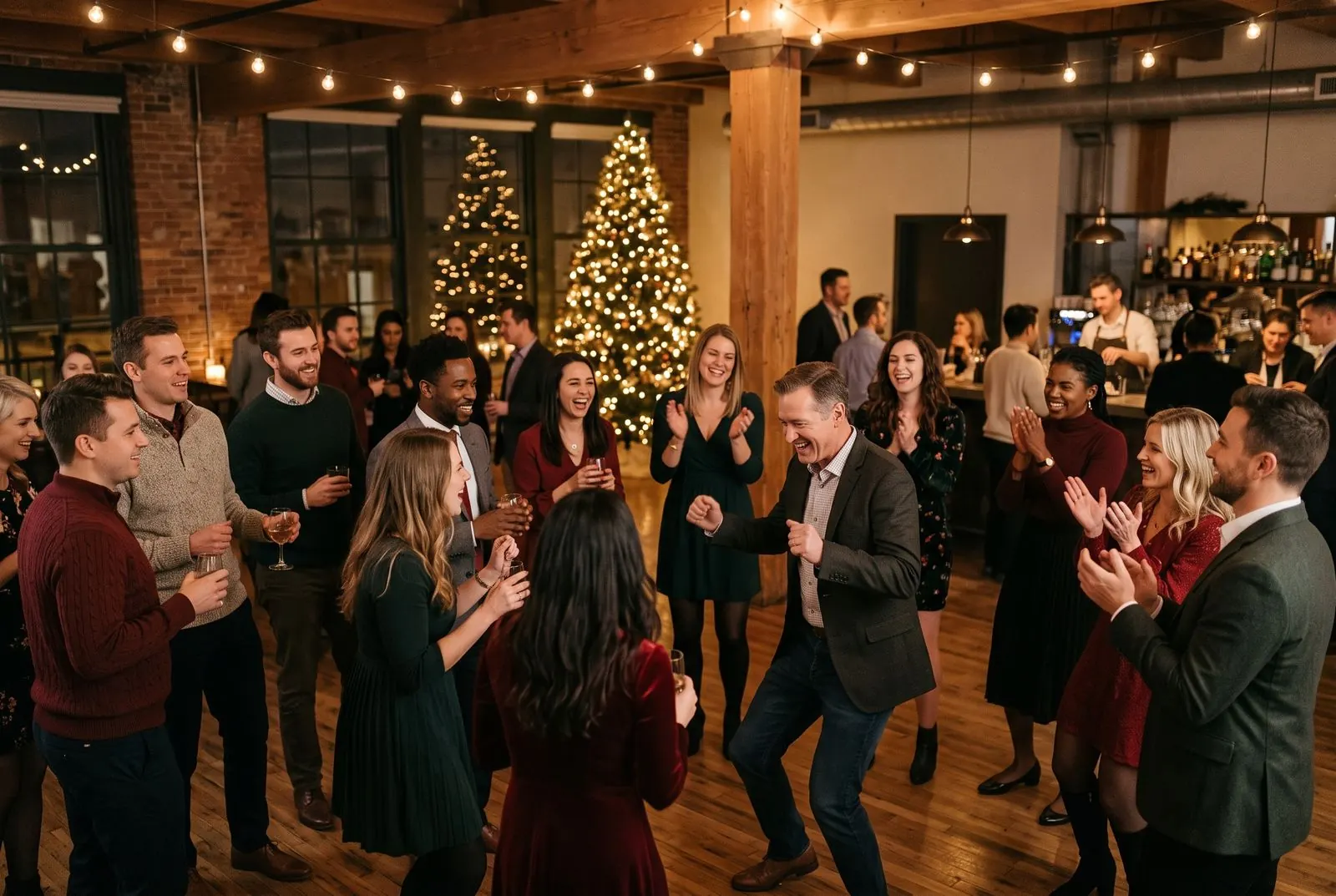 Coworkers cheer a colleague dancing at an office holiday party