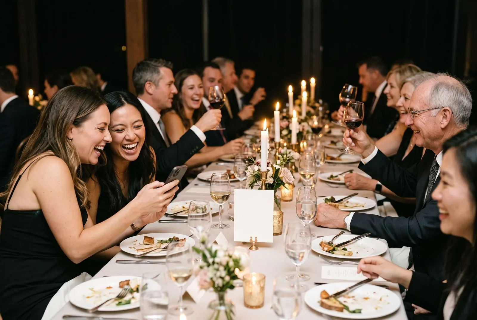 Two wedding guests laugh at a photo on a phone while the table raises a toast