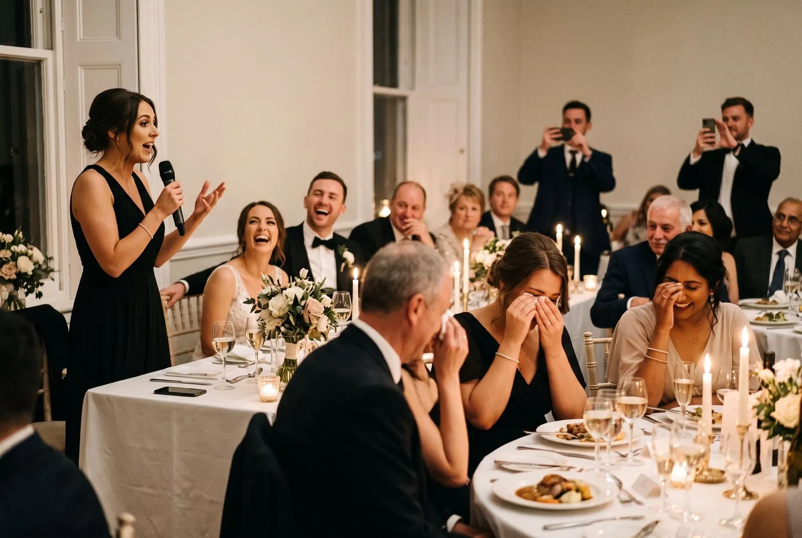 A bridesmaid gives a speech as the bride, groom and guests laugh and wipe away tears