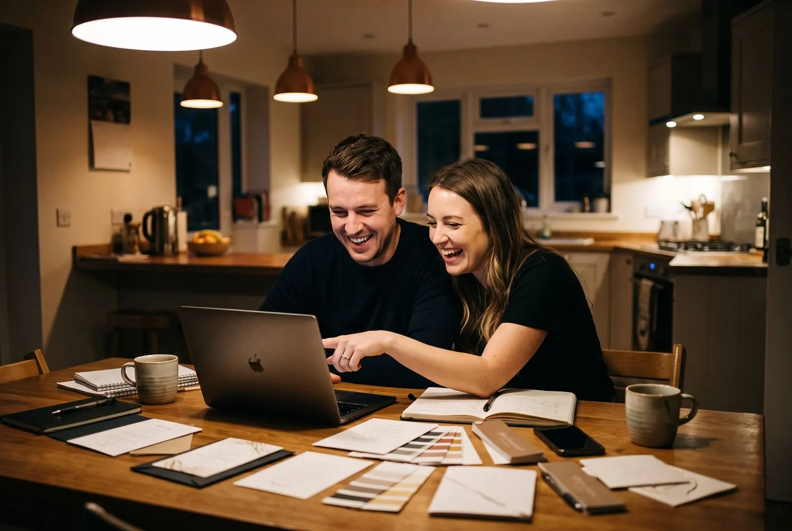 A couple laughs as they set up their wedding photo sharing event on a laptop at the kitchen table
