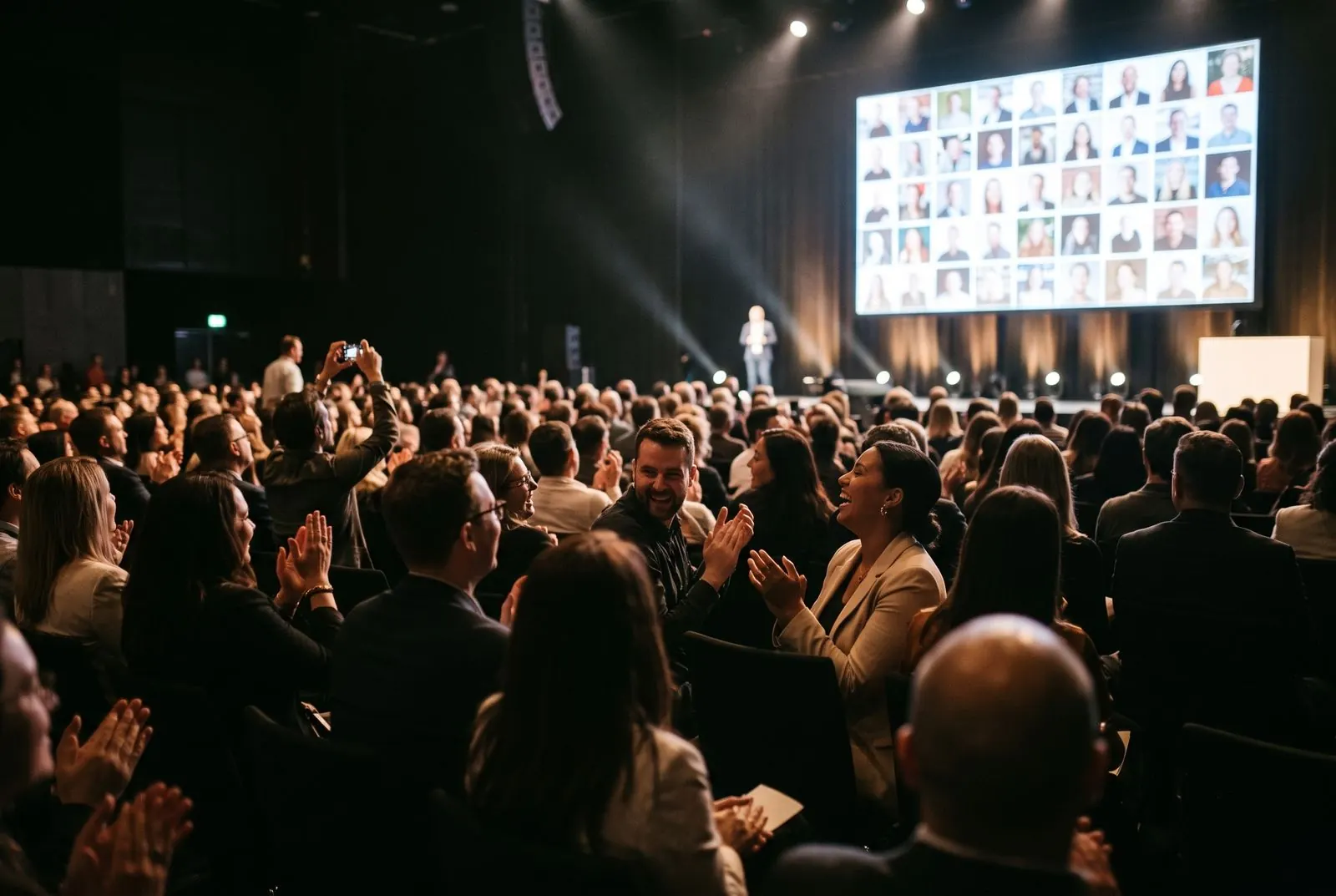 Conference attendees applaud as a live photo wall fills the screen beside the stage