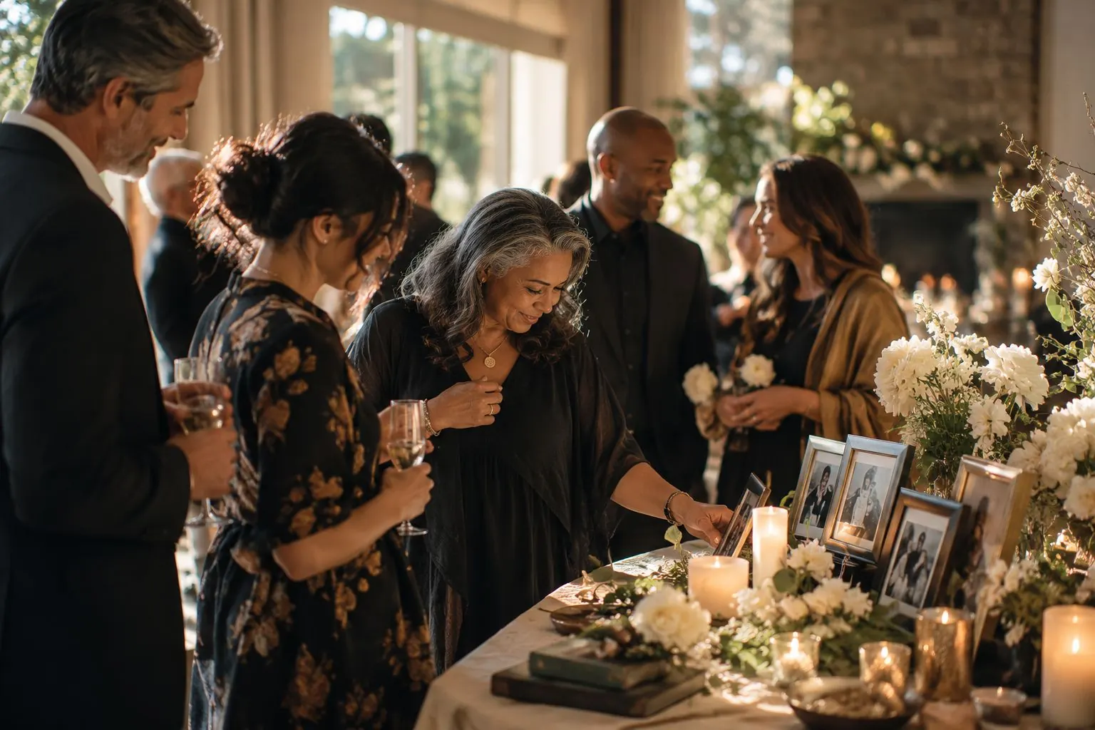 Family and friends share stories beside a memory table of framed photos, candles and white flowers