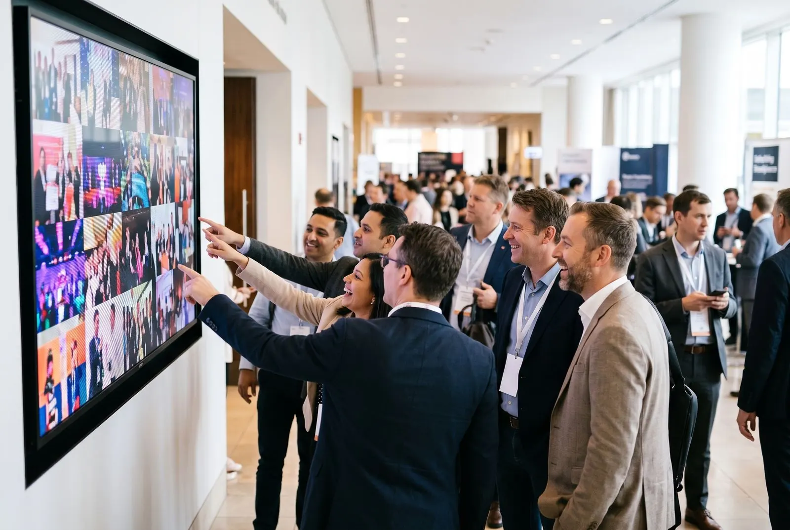 Attendees point out their own photos on the live photo wall in the conference foyer