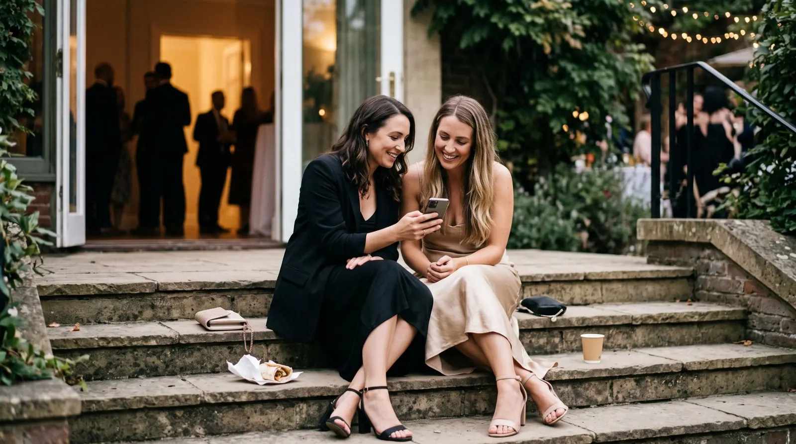 Two wedding guests sit on the venue steps, smiling at a photo on a phone