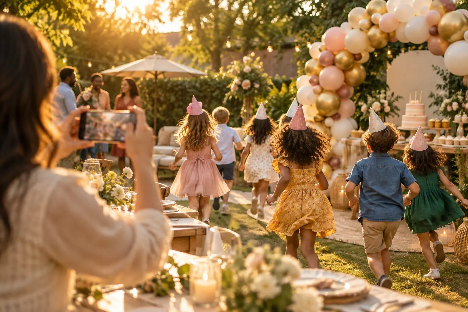 Kids in party hats at a backyard birthday party