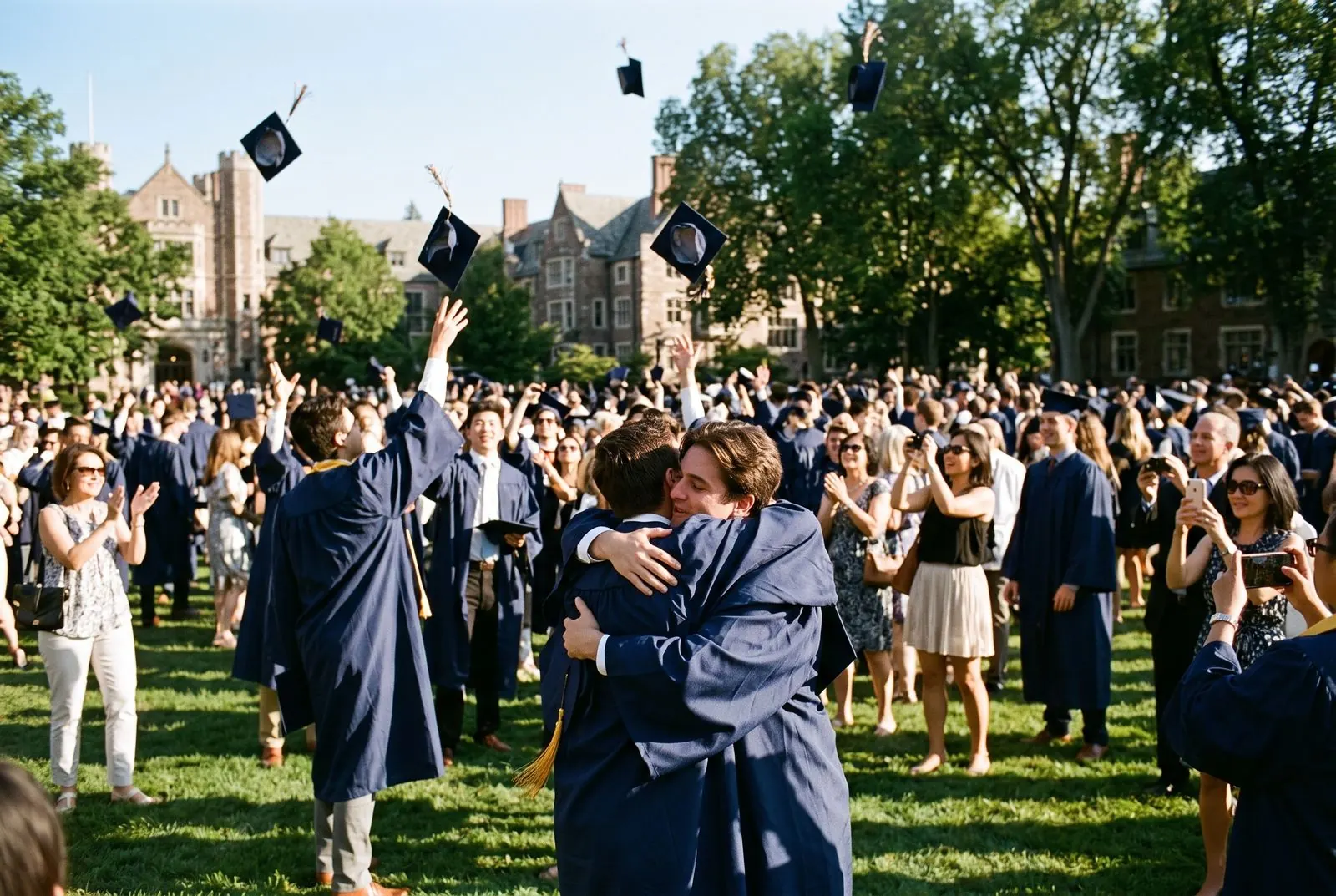 Two graduates hug as classmates throw their caps and families cheer on the campus lawn