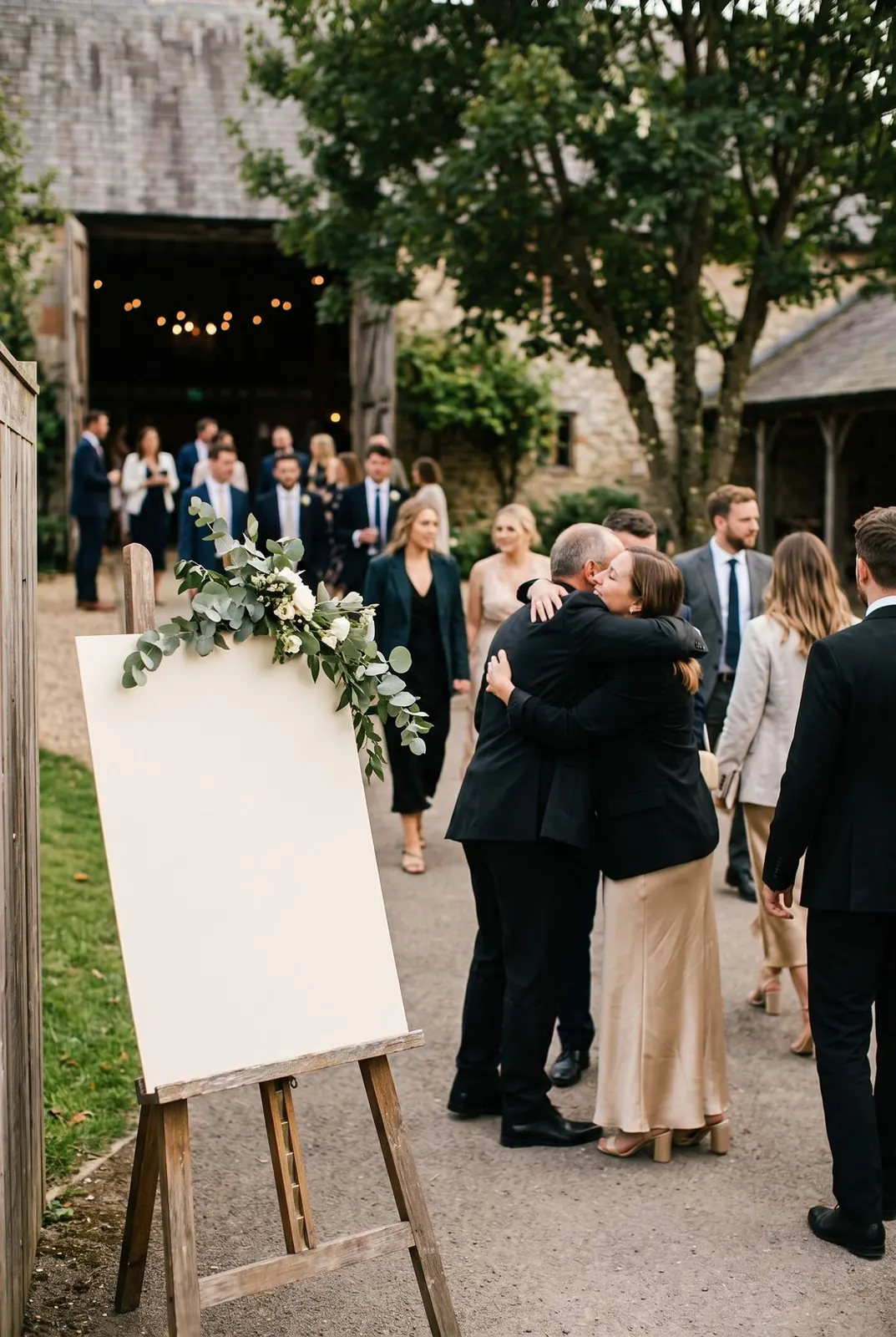 Wedding guests hug beside a welcome sign on a wooden easel at the venue entrance