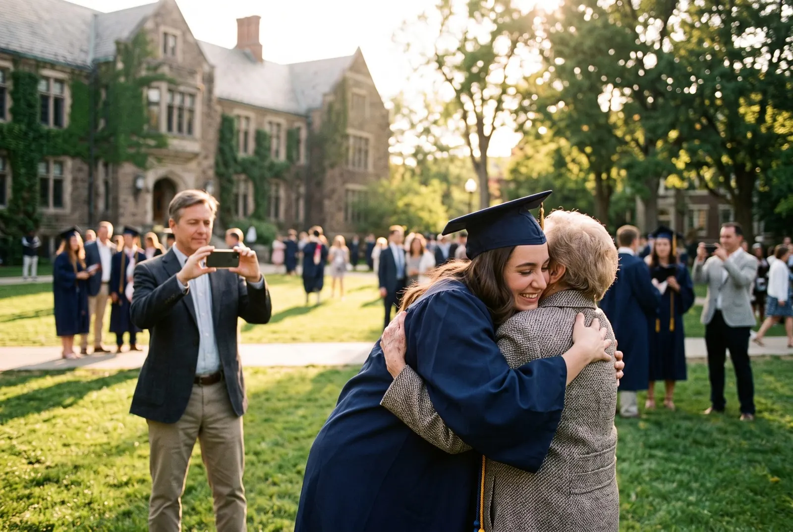 A graduate hugging her grandmother