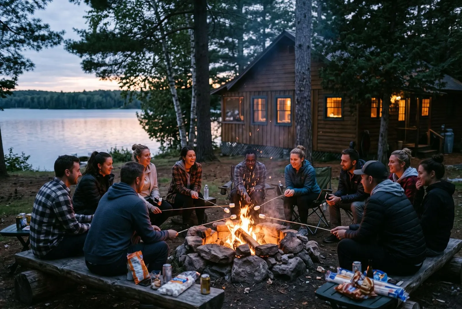 Colleagues roast marshmallows around a campfire by a lakeside cabin on a team retreat
