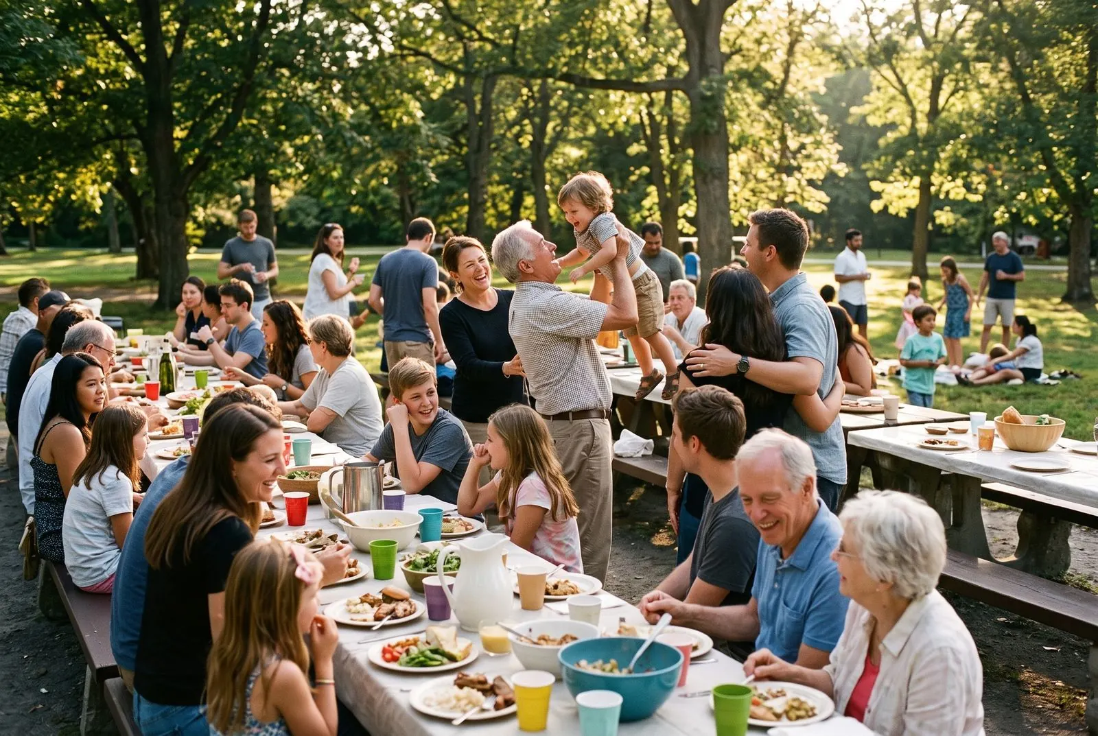 A grandfather lifts a laughing toddler at a family reunion picnic in the park