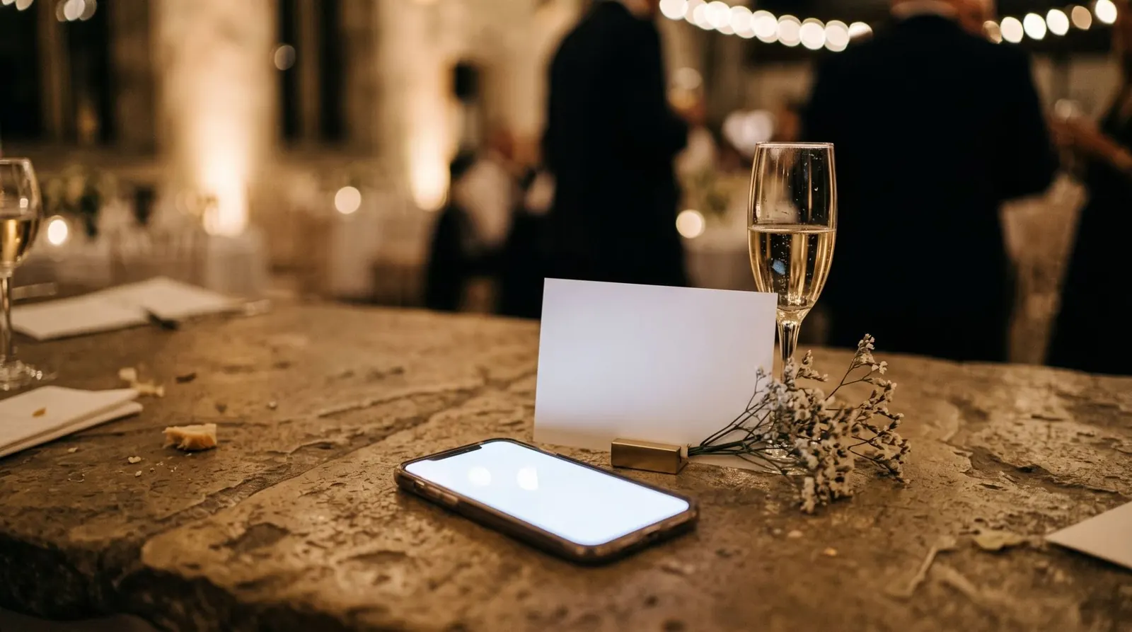 A phone and a blank table card beside a glass of champagne on a stone table at an evening reception