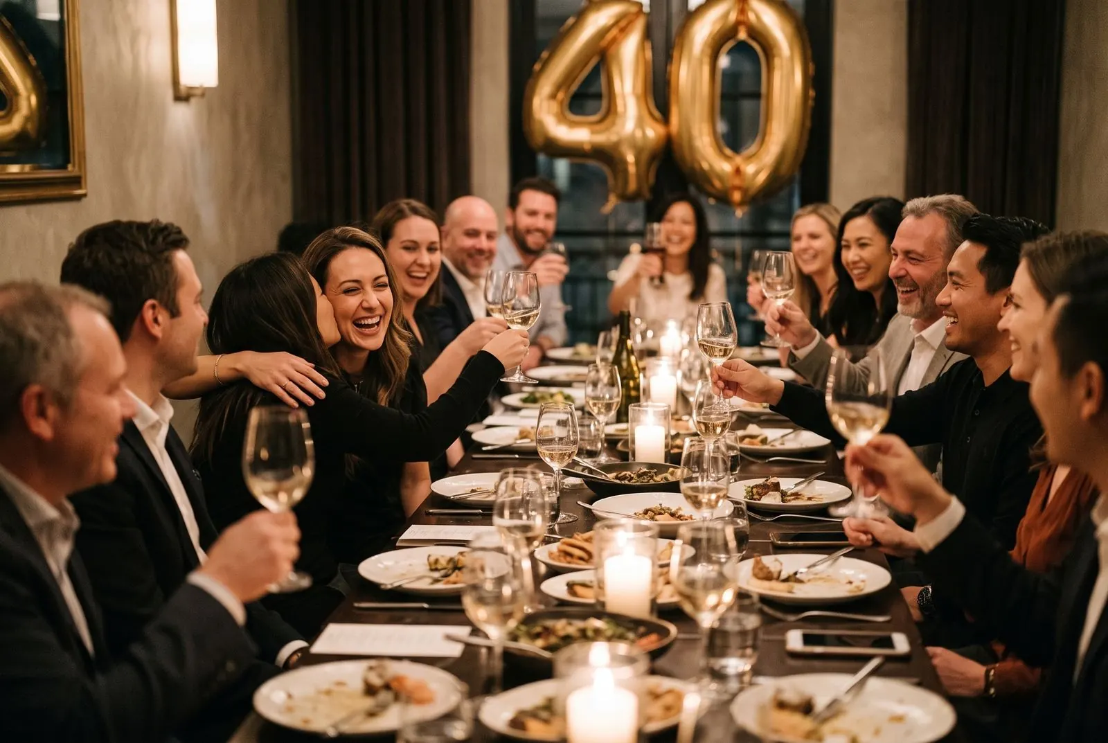 Friends raise their glasses and hug the guest of honour at a 40th birthday dinner