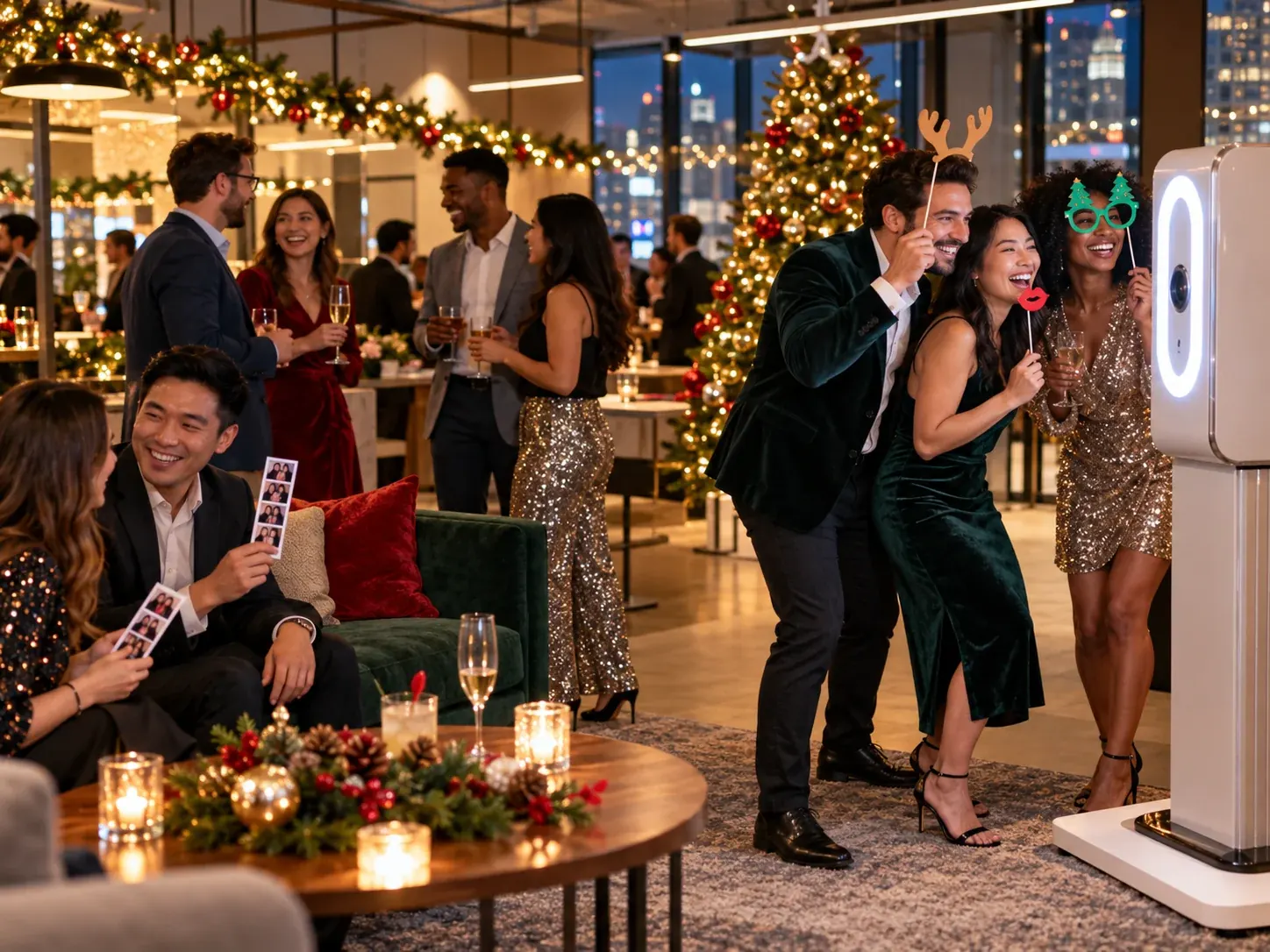 Colleagues at a holiday party photo booth