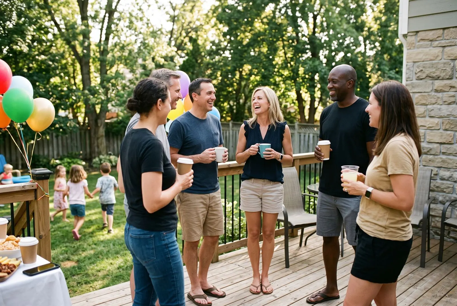 Parents chat over coffee on the deck while the kids play in the backyard at a birthday party