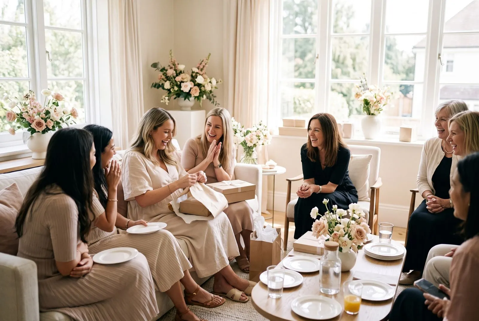 The mom-to-be laughs as she opens gifts with friends and family at a baby shower