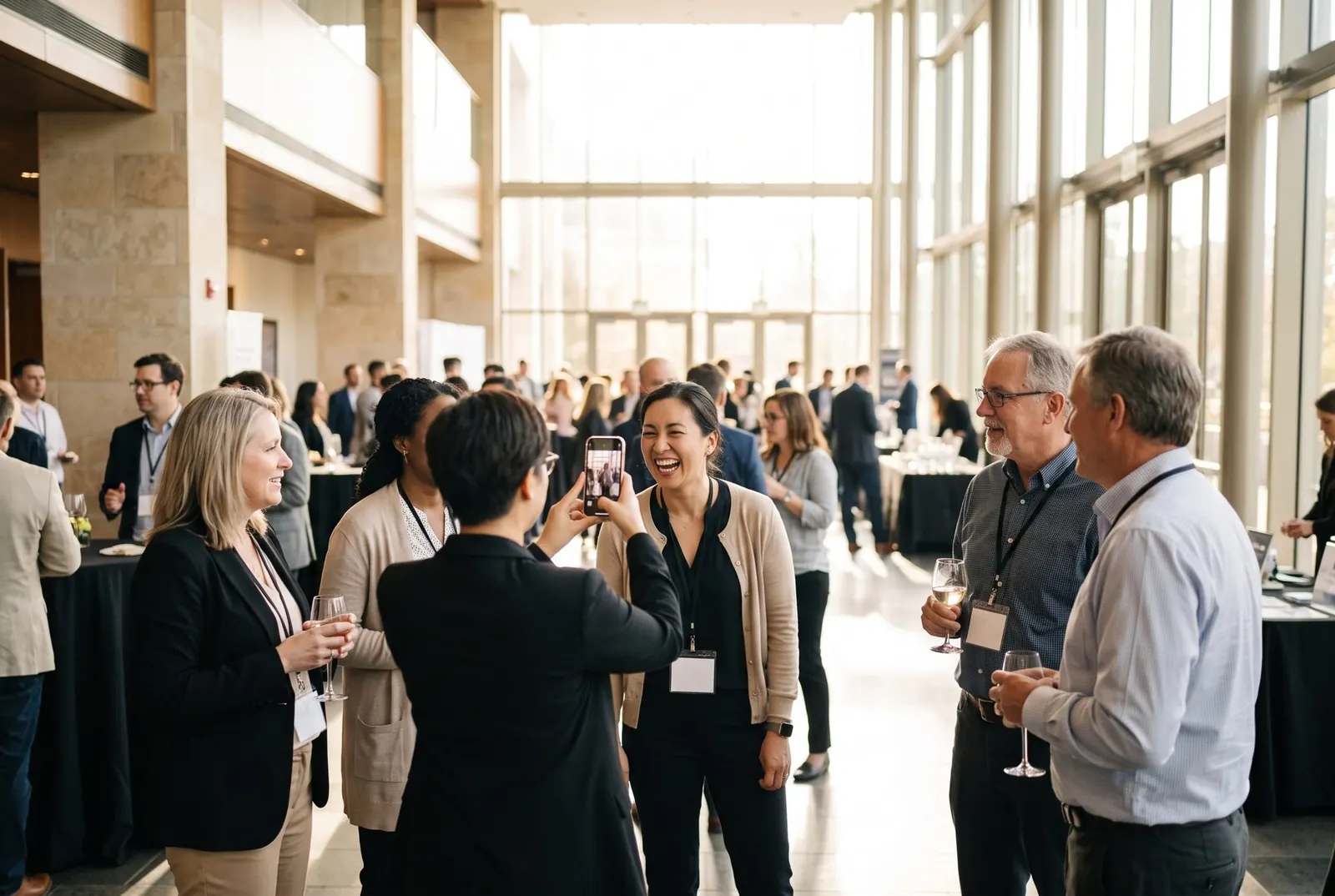 Colleagues laughing at a conference reception