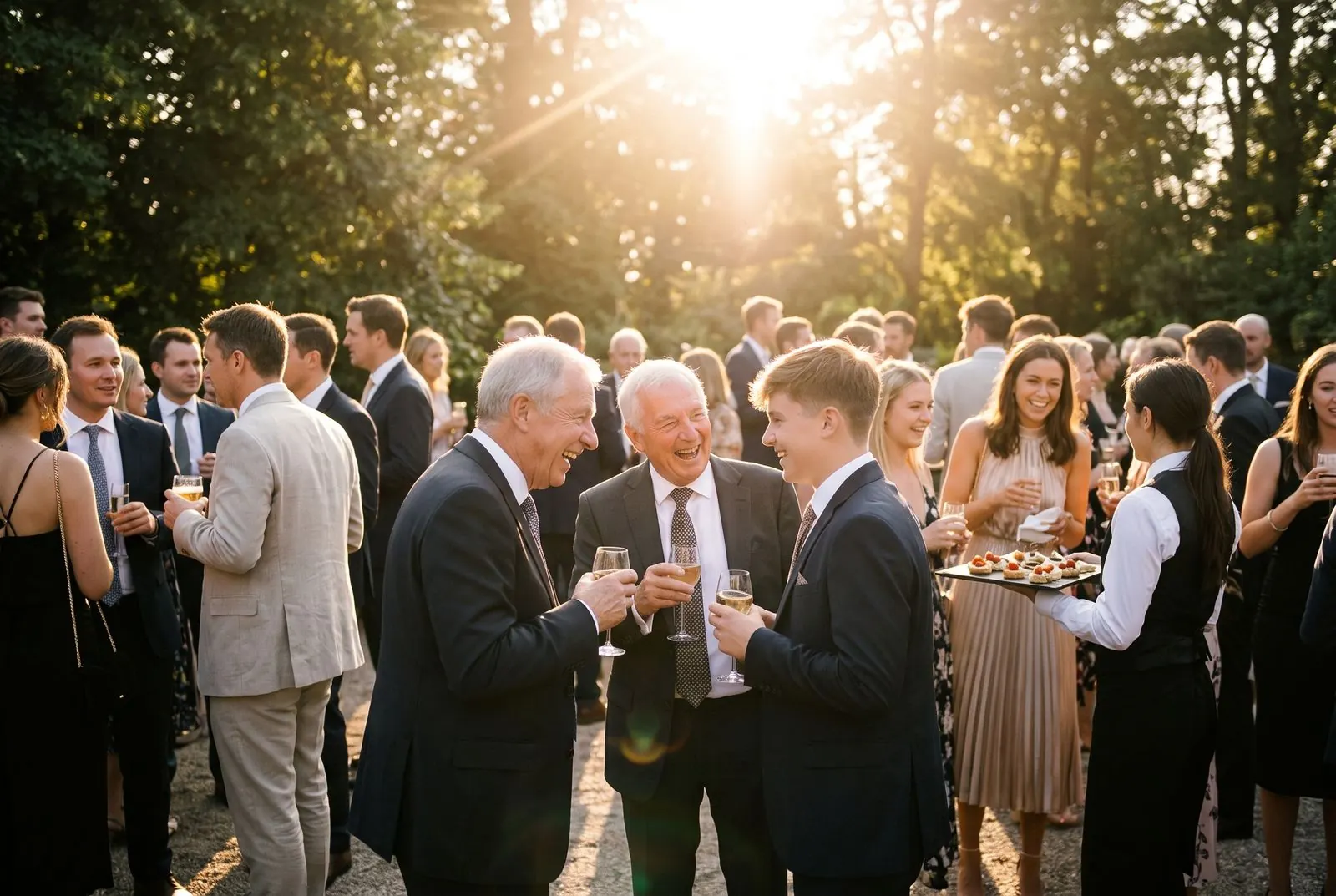 Wedding guests laugh over champagne in a sunlit garden during cocktail hour