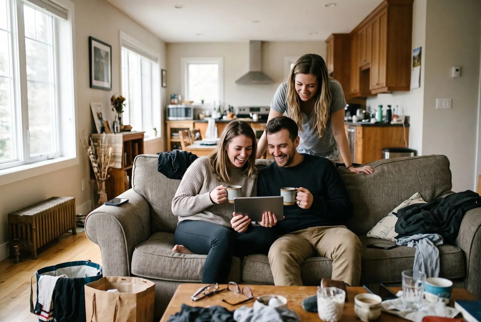 The morning after, a couple and a friend laugh at the event photos on a tablet over coffee