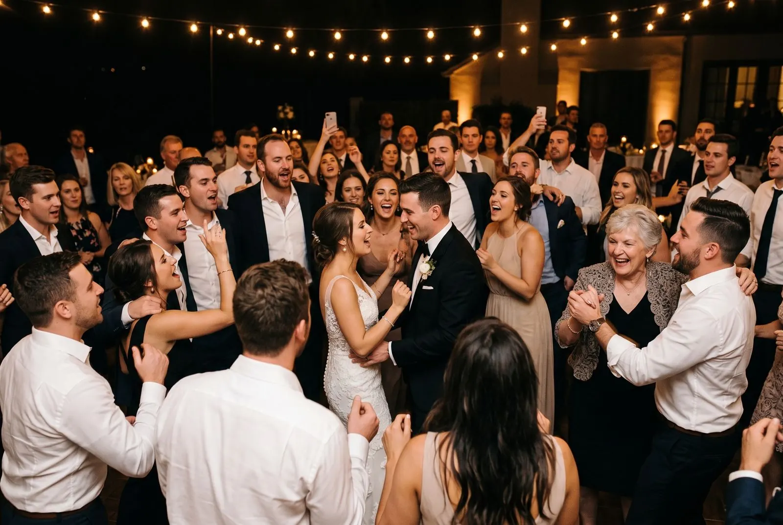 The bride and groom dance surrounded by singing friends and family under string lights