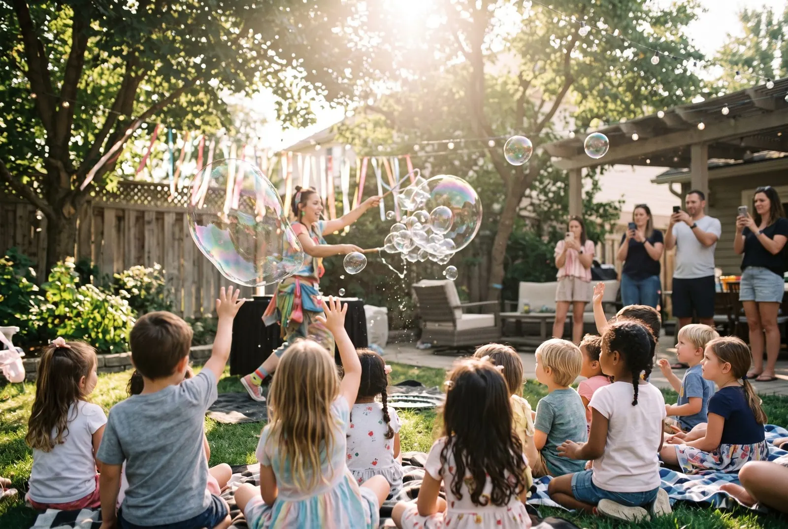 Children watch a bubble show while parents take photos