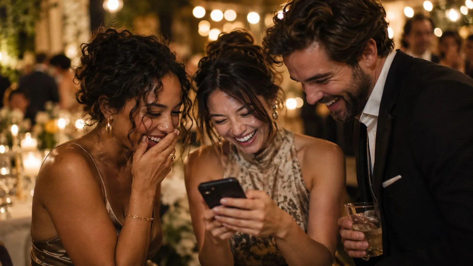 Three wedding guests laugh at photos on a phone at an evening reception