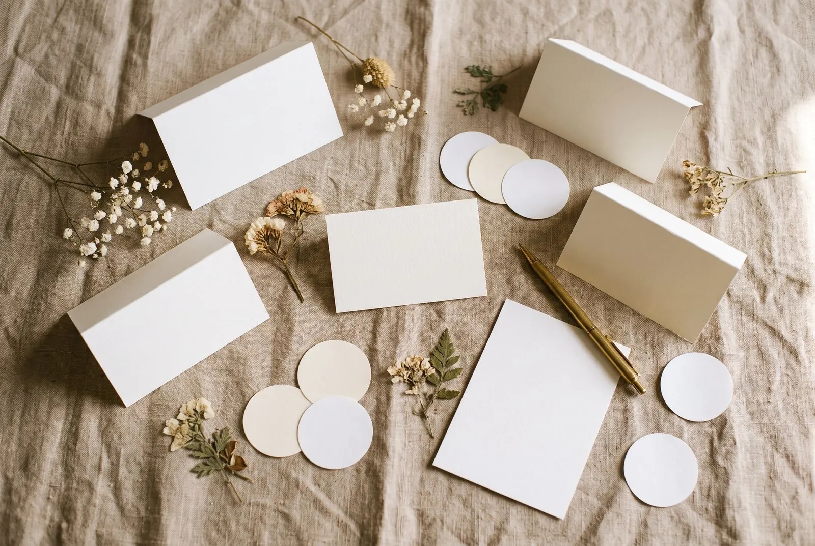 Blank table cards, round stickers and an invitation insert on linen, ready for QR code designs