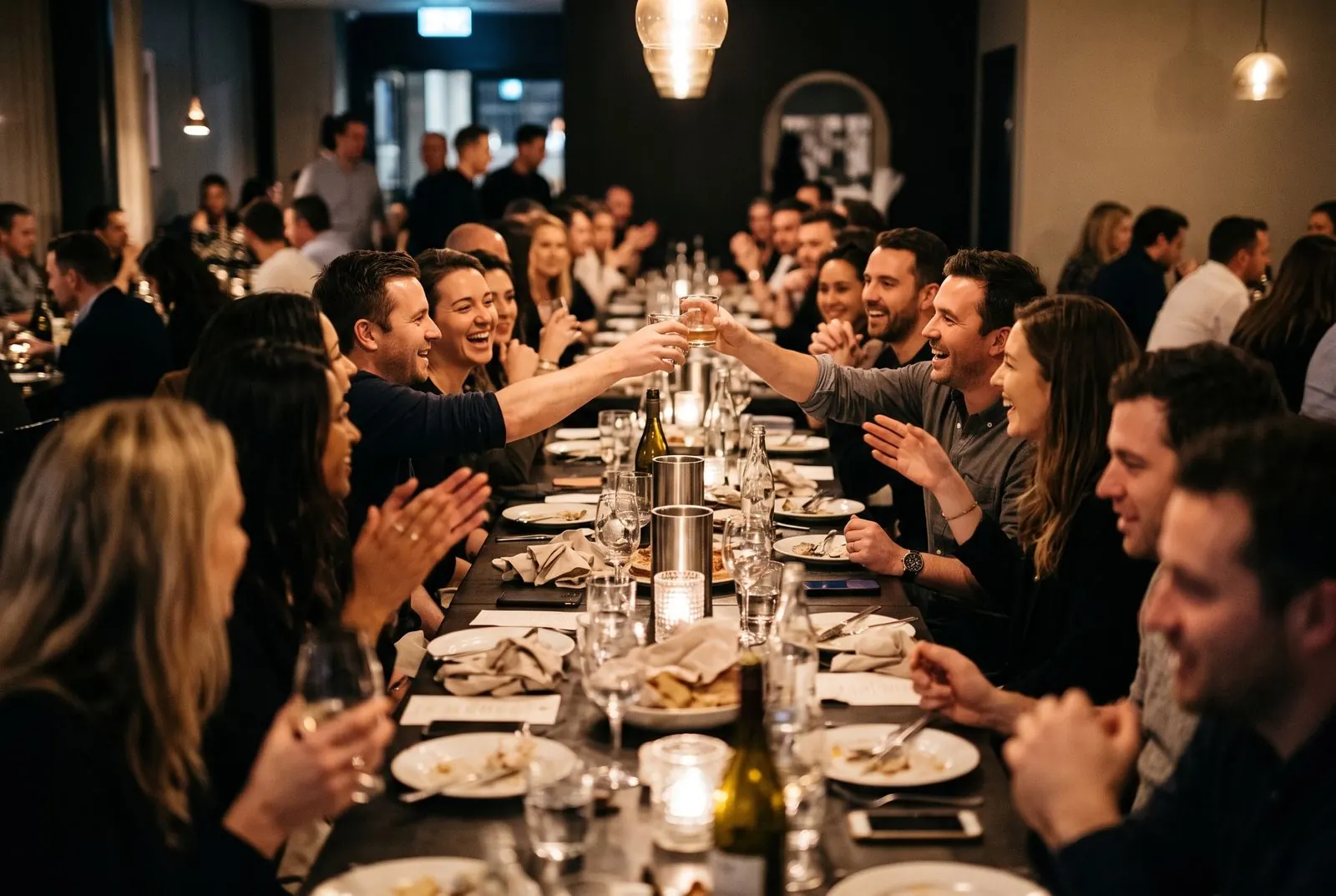 Colleagues toast across a long table at a company team dinner, shown on the live photo wall