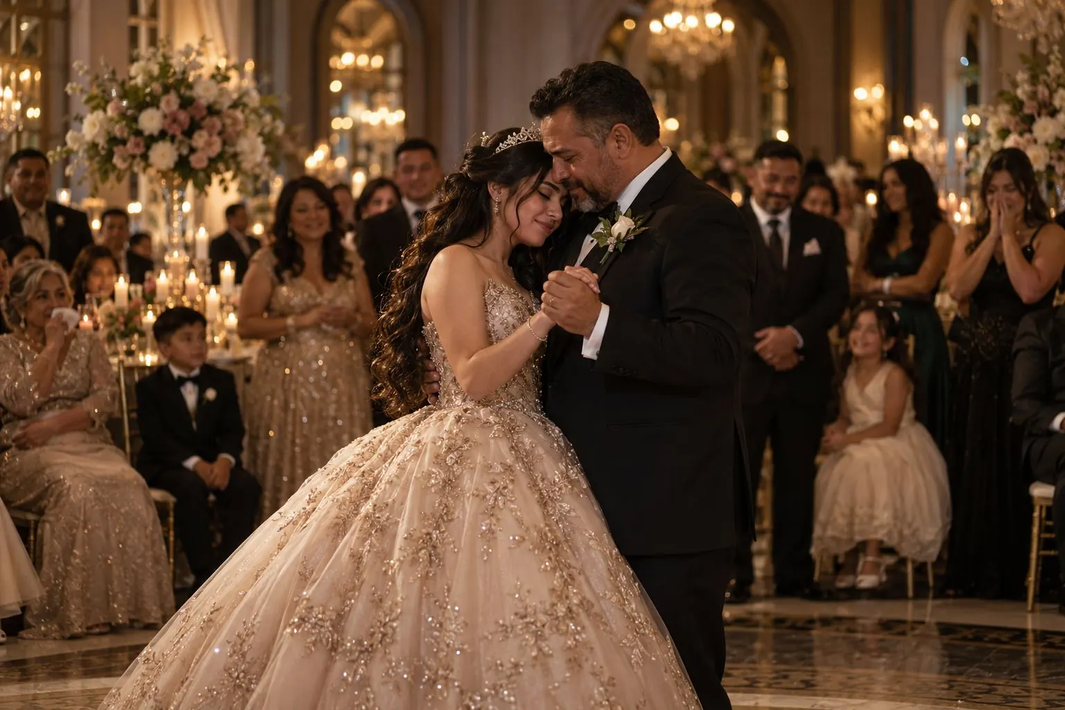 A quinceañera dances with her father in a ballroom as family watch with emotion
