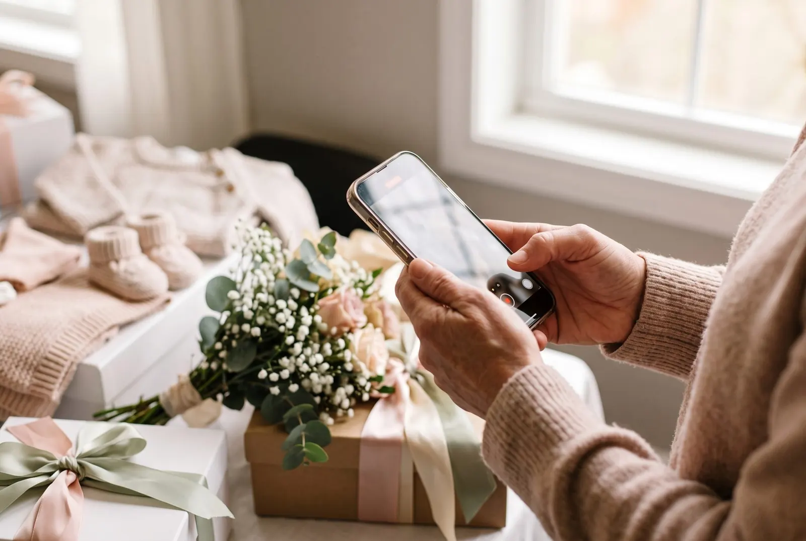 A guest recording a video wish at a baby shower
