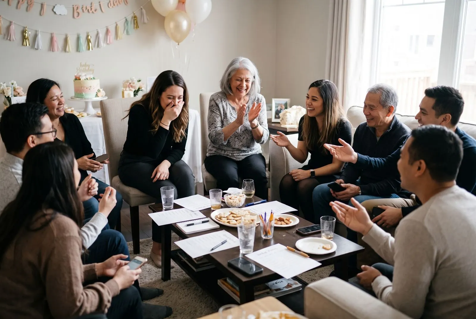 Family laughs together during a baby shower game in the living room