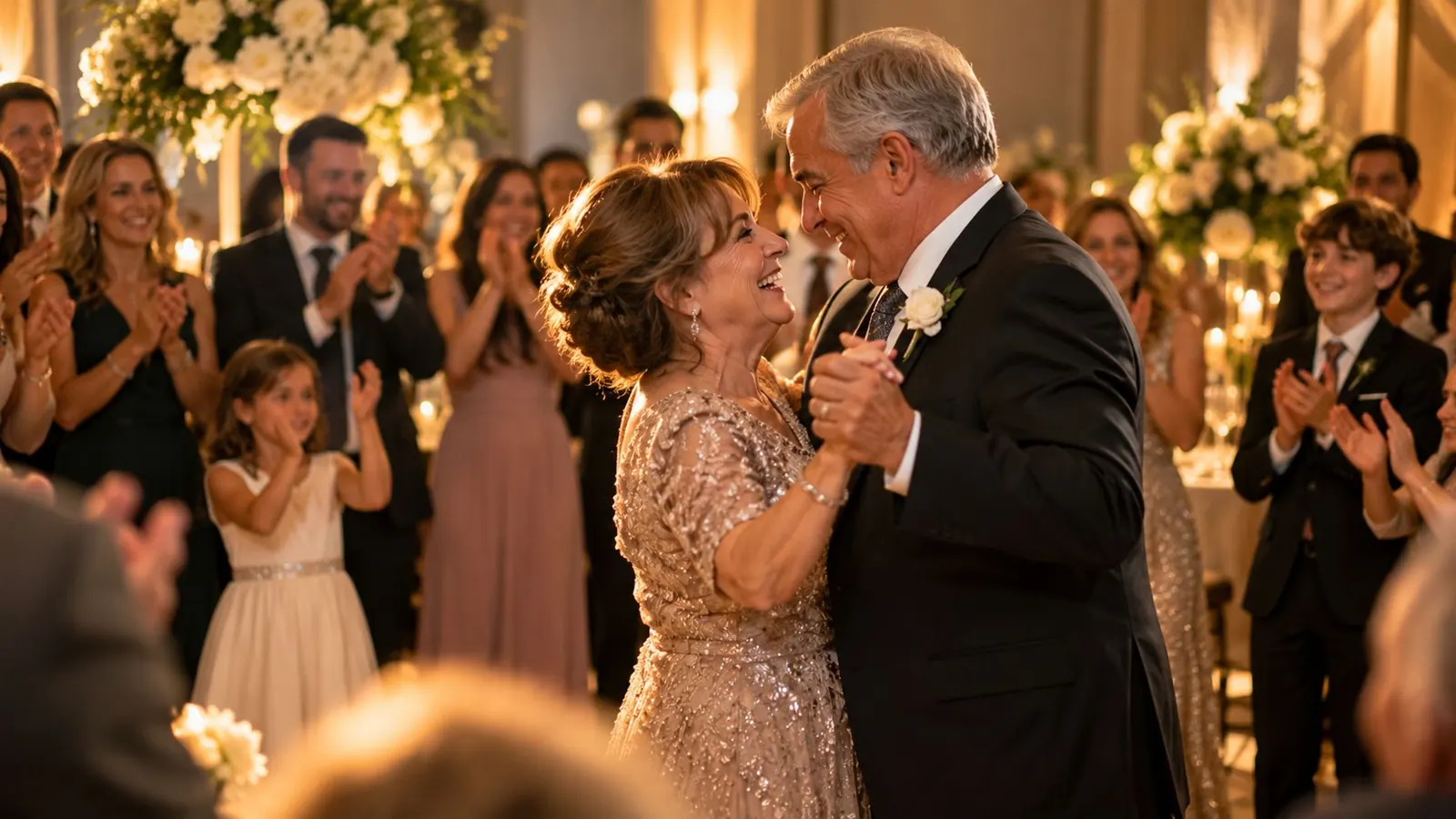 A couple dances at their anniversary party as family clap around them