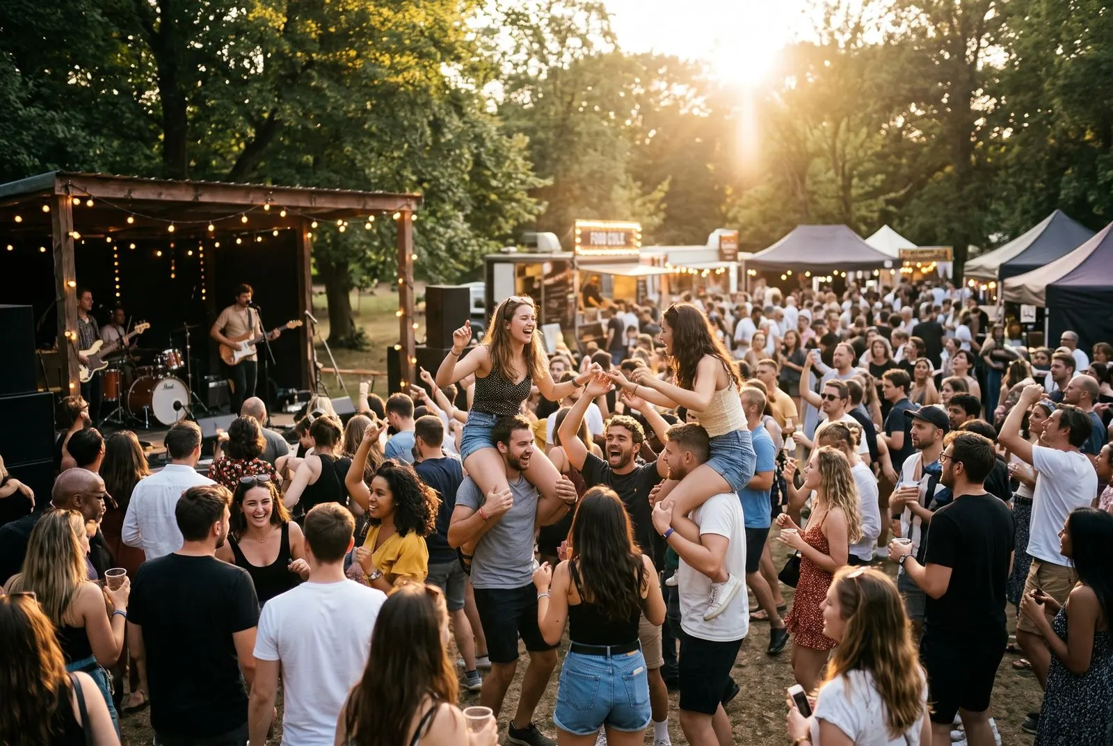 A crowd dances in front of a live band at a summer music festival