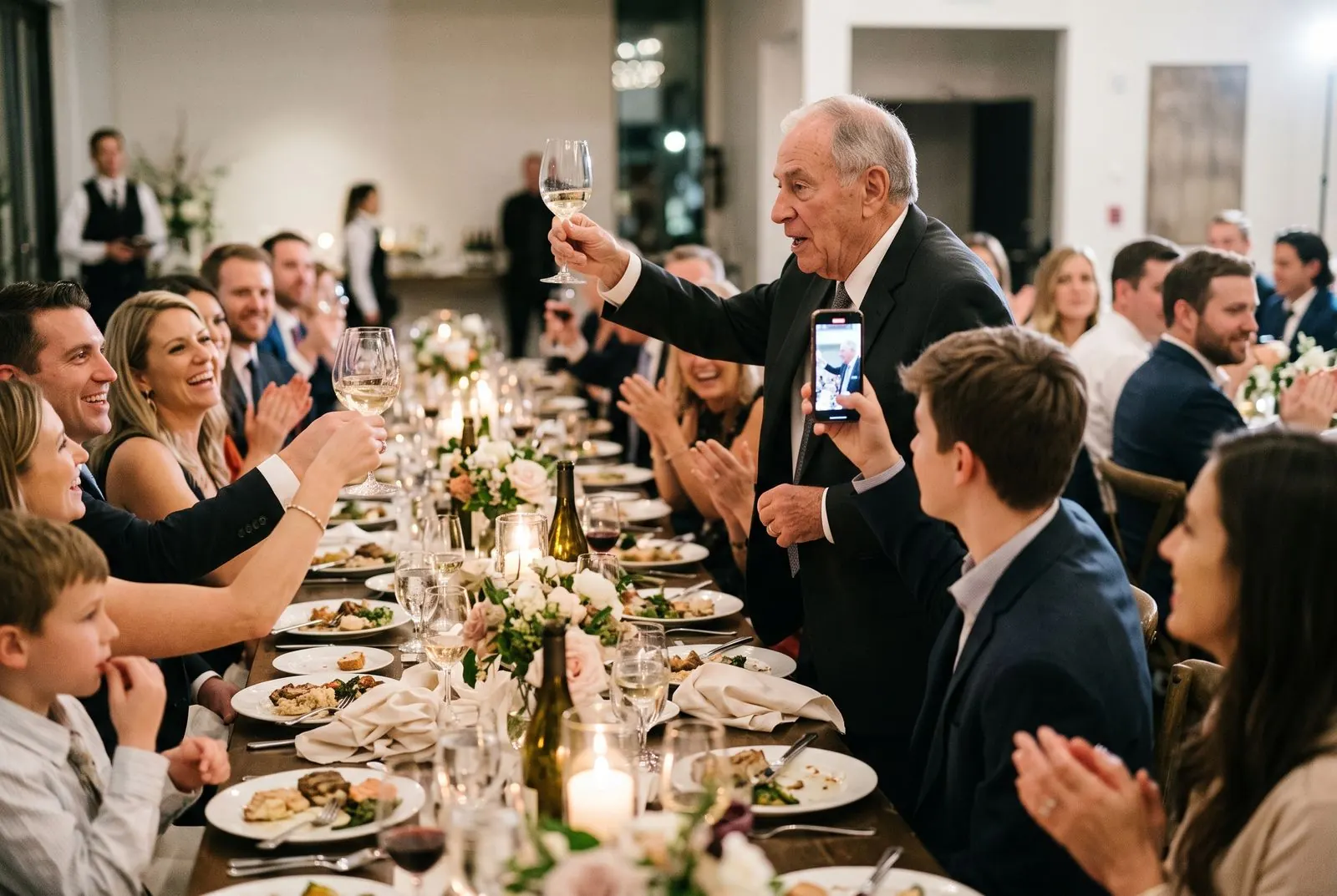A grandson films his grandfather’s toast on a phone as the table raises their glasses