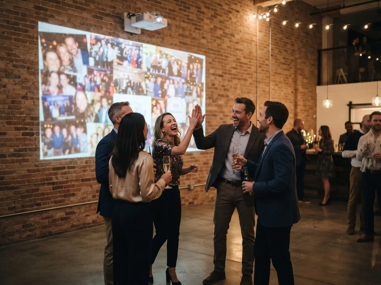 Colleagues cheering in front of a projected photo collage