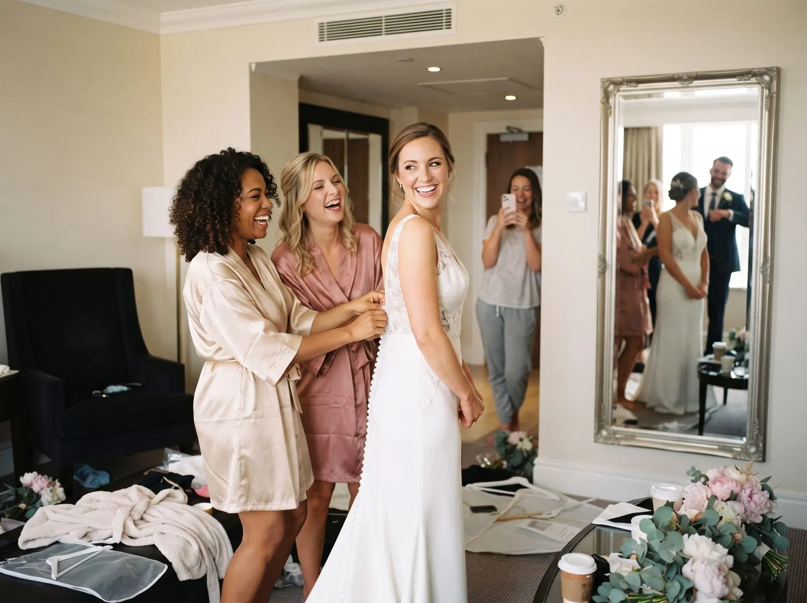 Bridesmaids laughing as they help the bride get ready